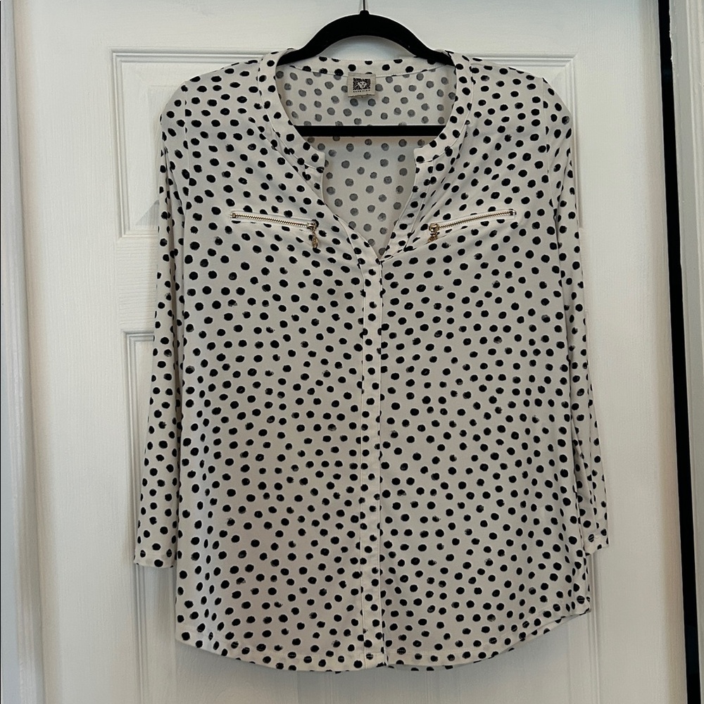 Anne Klein V Neck Polka Dot Blouse